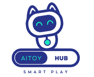 AITOY HUB logo features a friendly robot cat, modern design, vibrant blue tones, and emphasizes smart, innovative AI-powered toys.