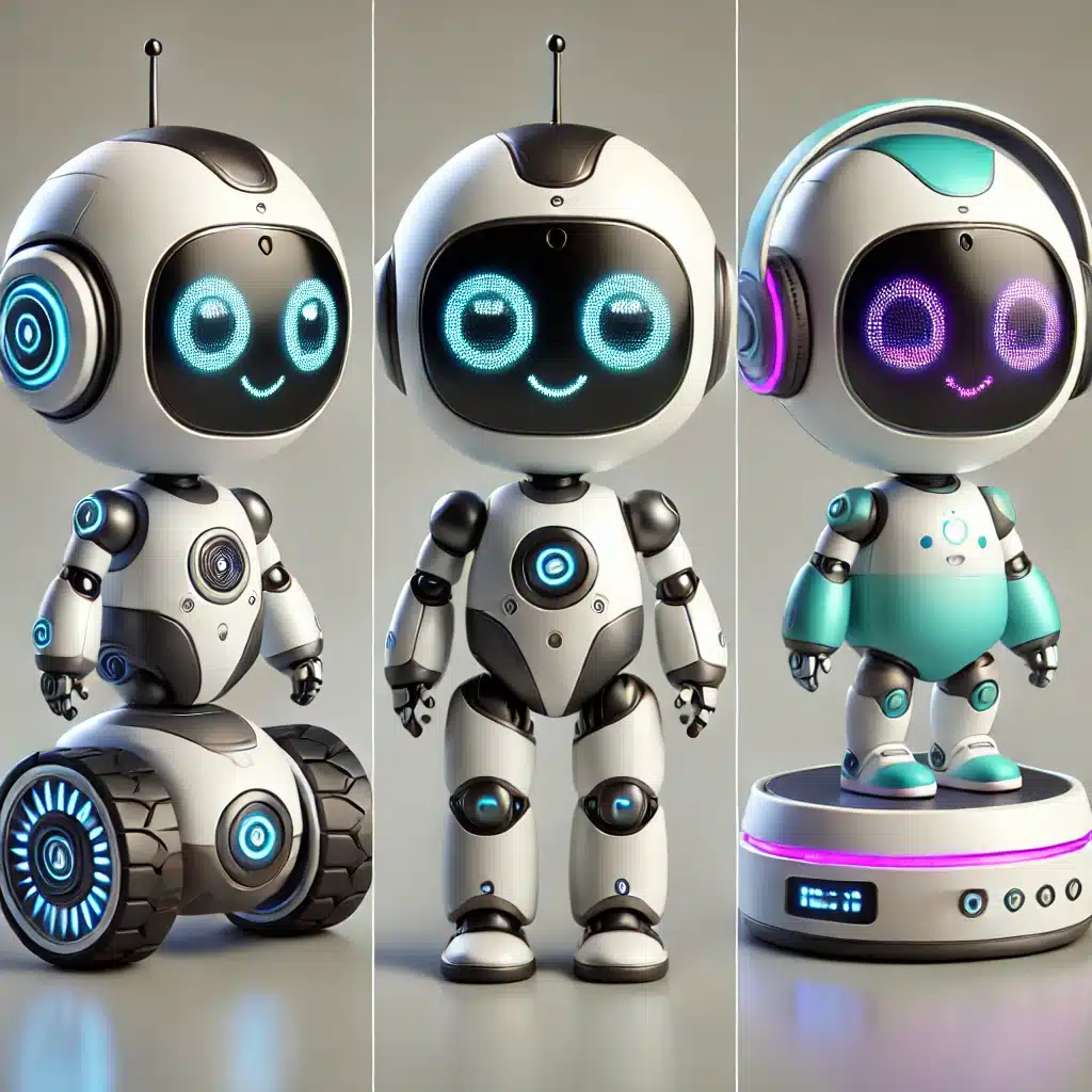 The image shows three small, white robots with teal accents standing on a city sidewalk. They have large, round eyes that glow light blue. The robots are positioned in a slightly staggered line, with the central robot in the foreground. The background is blurred but shows a modern city street with buildings and trees. The overall impression is one of futuristic technology integrated into a familiar urban setting.