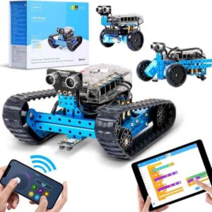 The image shows a mBot Ranger robot kit. The kit includes a blue robot with treads, multiple sensor attachments, a smartphone app for control, and a tablet showing coding interface. The packaging is also visible.