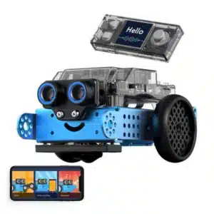 ภาพนี้แสดง **Makeblock mBot Neo** หุ่นยนต์เพื่อการศึกษา STEM สำหรับเด็กอายุ 8-12 ปี มีโครงสร้างโลหะทนทาน พร้อมเซนเซอร์อัลตราโซนิก (ดวงตา) และเมนบอร์ด CyberPi ที่แสดงผลบนหน้าจอ สามารถควบคุมผ่านแอปพลิเคชันที่มีโหมดต่าง ๆ เช่น Drive, Draw and Run และ Musician รองรับการเขียนโค้ดด้วย Scratch และ Python เพื่อเสริมทักษะการเขียนโปรแกรมและความคิดสร้างสรรค์!