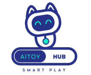 AITOY HUB logo features a friendly robot cat, modern design, vibrant blue tones, and emphasizes smart, innovative AI-powered toys.