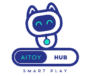 AITOY HUB logo features a friendly robot cat, modern design, vibrant blue tones, and emphasizes smart, innovative AI-powered toys.