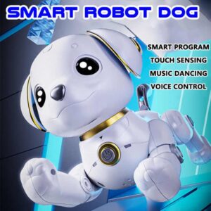 Here is a description of the image: The image showcases a Smart Robot Dog, predominantly white with gold accents. The robot dog is designed to resemble a puppy, with large, expressive eyes. The text overlay highlights its features: Smart Program, Touch Sensing, Music Dancing, and Voice Control. The background features a stylized, futuristic setting with blue and white tones.