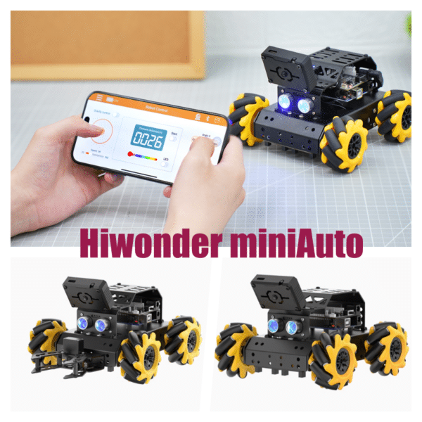 The image shows the Hiwonder miniAuto, a small, four-wheeled robot controlled via a smartphone app. The app interface is visible, displaying speed, direction, and LED controls. Multiple views of the robot are presented, highlighting its design and features.