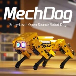 The image shows a yellow, quadrupedal robot dog named "MechDog". The text above it describes it as an "Entry-Level Open Source Robot Dog".