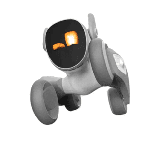 This image features **Loona**, a smart robotic dog with wheels instead of legs and a screen that displays emotions through its eyes. It uses AI technology for interaction, such as voice recognition, emotion display, and movement. It's perfect as an intelligent toy or companion for both kids and adults!