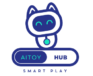 AITOY HUB logo features a friendly robot cat, modern design, vibrant blue tones, and emphasizes smart, innovative AI-powered toys.